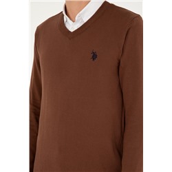 Erkek Slim Fit V Yaka Kahverengi Basic Kazak