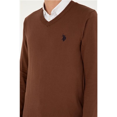 Erkek Slim Fit V Yaka Kahverengi Basic Kazak