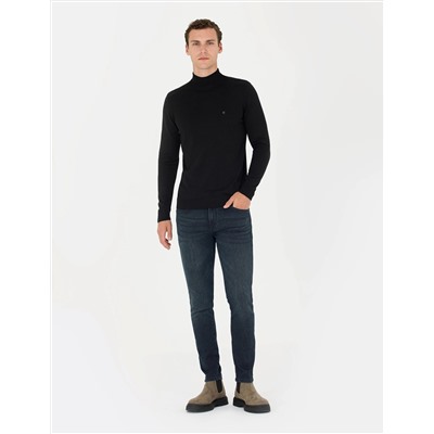 Siyah Slim Fit Yarım Balıkçı Basic Triko Kazak