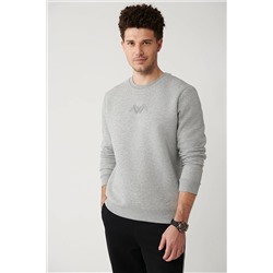Avva Erkek Gri Bisiklet Yaka 3 İplik Şardonlu Flok Baskılı Standart Fit Normal Kesim Sweatshirt A32Y1273