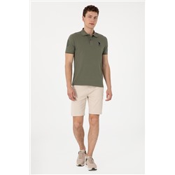Erkek Slim Fit Polo Yaka Koyu Haki Basic Tişört