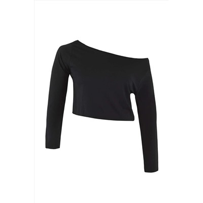 Siyah-Beyaz 2'li Paket %100 Pamuk Asimetrik Kayık Yaka Crop Örme T-Shirt TBBAW26BF00001