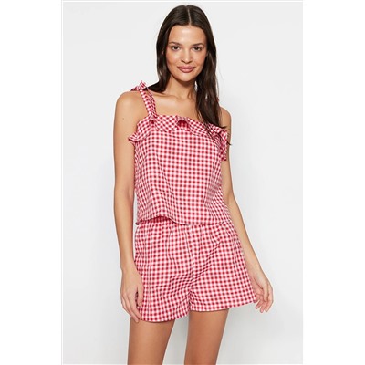 TRENDYOLMİLLA Kırmızı Ekose Desenli Atlet-Şort Dokuma Pijama Takımı THMSS20PT0351