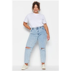 Trendyol Curve Açık Mavi Yüksek Bel Destroy Detaylı Mom Fit Jeans TBBSS23CJ00019