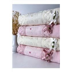AYHANHOME 4'lü %100 Pamuklu Jakarlı Kadife Dantelli Güpürlü Fiyonklu Çeyizlik 50x90 El Ve Yüz Havlusu JAKARLI*4*GPRLÜ*
