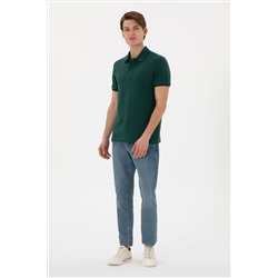 Erkek Slim Fit Polo Yaka Koyu Yeşil Basic Tişört