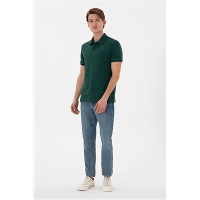 Erkek Slim Fit Polo Yaka Koyu Yeşil Basic Tişört