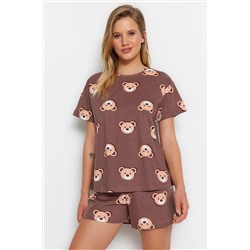 TRENDYOLMİLLA Kahverengi %100 Pamuk Ayıcık Baskılı T-shirt-Şort Örme Pijama Takımı THMSS23PT00005