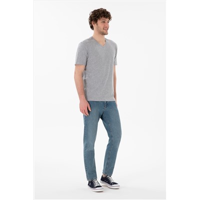 Erkek Regular Fit  V Yaka Gri Melanj Basic Tişört