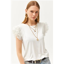 Olalook, Kadın Ekru Kolu Pilise Örme Viskon Bluz BLZ-19002554