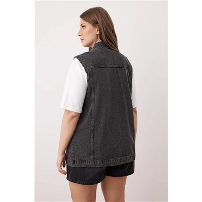 Antrasit Gömlek Yaka Cep Detaylı %100 Pamuk Denim Yelek Ceket TBBAW26BH00003