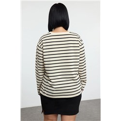 Bej Bisiklet Yaka Çizgili Örme Büyük Beden Sweatshirt TBBAW25AO00041