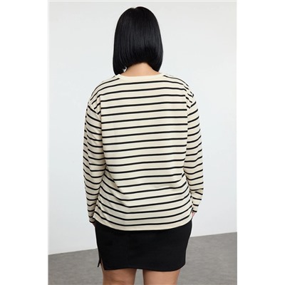 Bej Bisiklet Yaka Çizgili Örme Büyük Beden Sweatshirt TBBAW25AO00041
