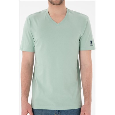Erkek Regular Fit  V Yaka Su Yeşili Basic Tişört