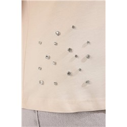 Bej Bisiklet Yaka Taşlı %100 Pamuk Örme T-Shirt TBBSS23BF00041