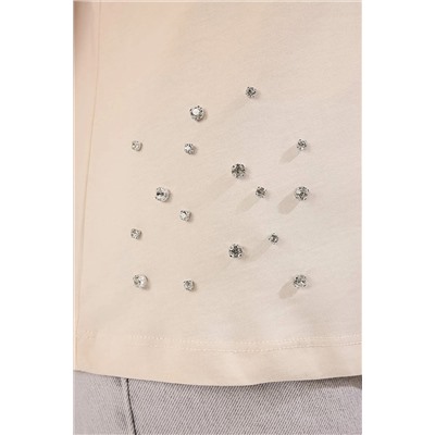 Bej Bisiklet Yaka Taşlı %100 Pamuk Örme T-Shirt TBBSS23BF00041