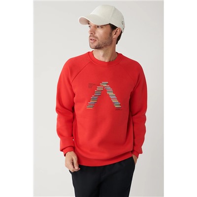 Avva Erkek Kırmızı Bisiklet Yaka 3 Iplik Şardonlu Reglan Kol Nakışlı Standart Fit Normal Kesim Sweatshirt A32Y1293