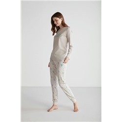 U.S. Polo Assn. Kadın Pamuklu Bej Dar Paça Yuvarlak Yaka 2'li Pijama Takımı 26977