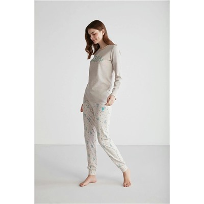 U.S. Polo Assn. Kadın Pamuklu Bej Dar Paça Yuvarlak Yaka 2'li Pijama Takımı 26977