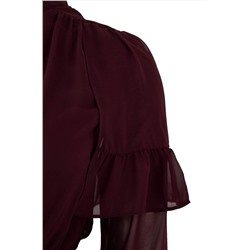 Bordo Şifon Lastik Belli Volanlı Mini Dokuma Büyük Beden Elbise TBBAW26AH00003