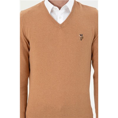 Erkek Slim Fit V Yaka Camel Melanj Basic Kazak