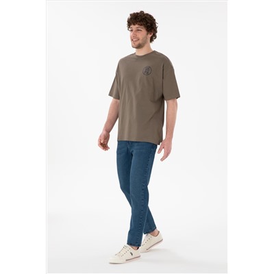 Erkek Oversize Fit Bisiklet Yaka Vizon Tişört