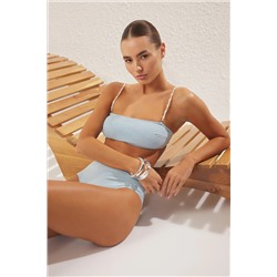 TRENDYOLMİLLA Mavi Straplez İnci Aksesuarlı Simli Yüksek Bel Regular Bikini Takımı TBESS25BT00060