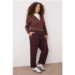 Kahverengi Yüksek Bel Kemerli Mom Fit Denim Büyük Beden Jeans TBBAW26CJ00026