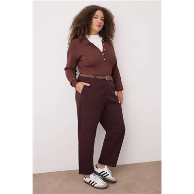 Kahverengi Yüksek Bel Kemerli Mom Fit Denim Büyük Beden Jeans TBBAW26CJ00026