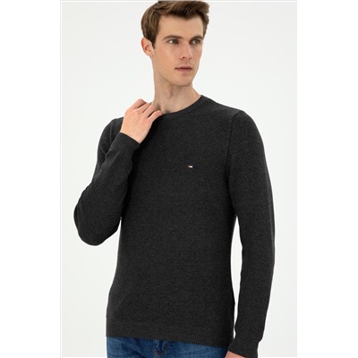 Erkek Slim Fit Bisiklet Yaka Antrasit Melanj Basic Kazak