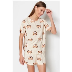 TRENDYOLMİLLA Ekru %100 Pamuk Ayıcık Baskılı T-shirt-Şort Örme Pijama Takımı THMSS23PT00005