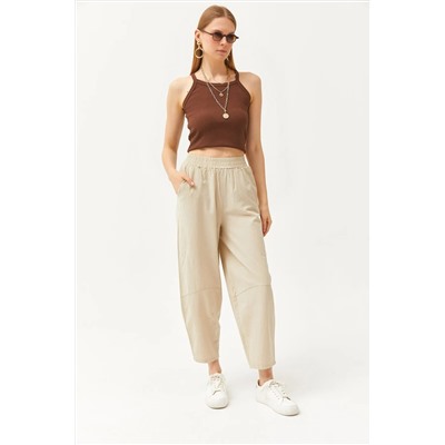 Olalook, Kadın Taş Beli Lastikli Cepli Şalvar Kesim Gabardin Pantolon PNT-19000267