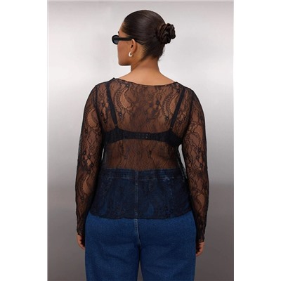 Siyah Regular Fit Kayık Yaka Dantel Esnek Örme Büyük Beden Bluz TBBAW26AF00031