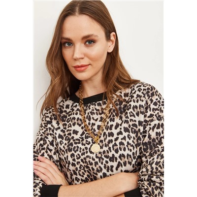 Olalook Kadın Ekru Leopar Basic Yumuşak Dokulu Salaş Sweatshirt SWT-19000457