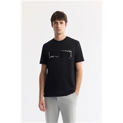 Avva, Erkek Siyah Bisiklet Yaka Gofre Baskılı İnterlok T-Shirt A51Y1003