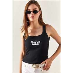 Olalook Kadın Amour Siyah U Yaka Nakışlı Likralı Bluz BLZ-19002331