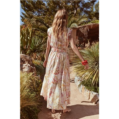 PRINTED LINEN BLEND MIDI DRESS