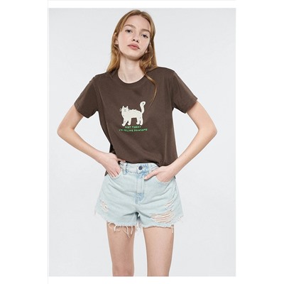 Mavi Kedi Baskılı Kahverengi Tişört Loose Fit / Bol Rahat Kesim 1610679-81959