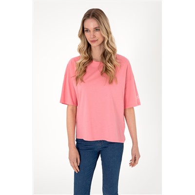 Kadın Pembe Oversize Bisiklet Yaka Tişört