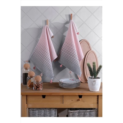 Lux Touch Eva Ponponlu 2'li Somon Mutfak Havlusu 40 x 60 cm Kurulama Bezi Set Pamuklu Mk-30001A