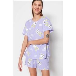 TRENDYOLMİLLA Lila %100 Pamuk Kalpli Tavşan Baskılı Tshirt-Şort Örme Pijama Takımı THMSS23PT00005
