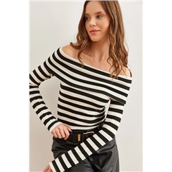 Olalook, Kadın Kalın Çizgili Siyah Madonna Yaka Soft Touch Esnek Bluz BLZ-19002769