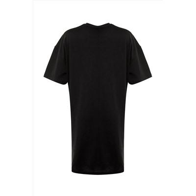 Siyah Geometrik Baskılı %100 Pamuk Örme Büyük Beden T-Shirt Elbise TBBSS22EL2269