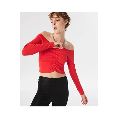 TwistKayık yaka crop triko