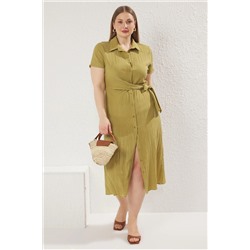 Trendyol Curve Haki Gofre Midi Dokuma Büyük Beden Gömlek Elbise TBBSS25AH00034