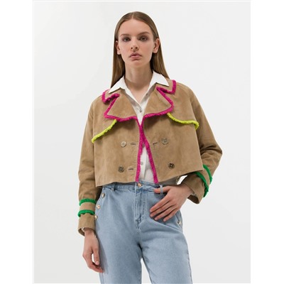 Krem Crop Top Deri Ceket