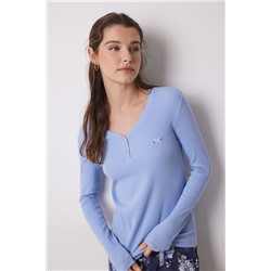 Pijama largo 100% algodón canalé azul flores