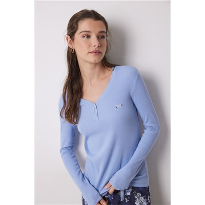 Pijama largo 100% algodón canalé azul flores