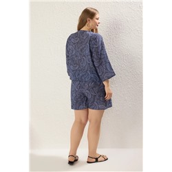 Mavi Şal Desen Bağlama Detaylı Beachwear Büyük Beden Alt-Üst Takım TBBSS25CP00001