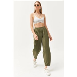 Olalook, Kadın Haki Beli Lastikli Cepli Şalvar Kesim Gabardin Pantolon PNT-19000267